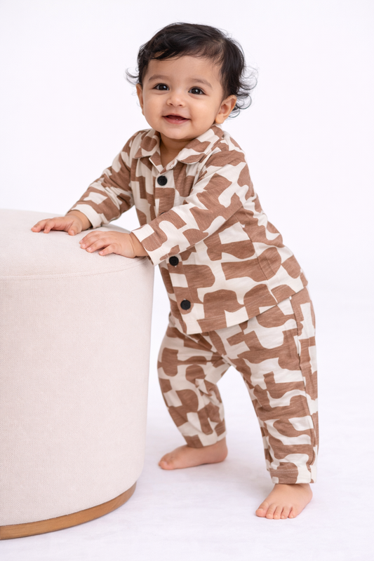 Premium Collar Full sleeves Tshirt with Pant  ( coffee brown shapes)