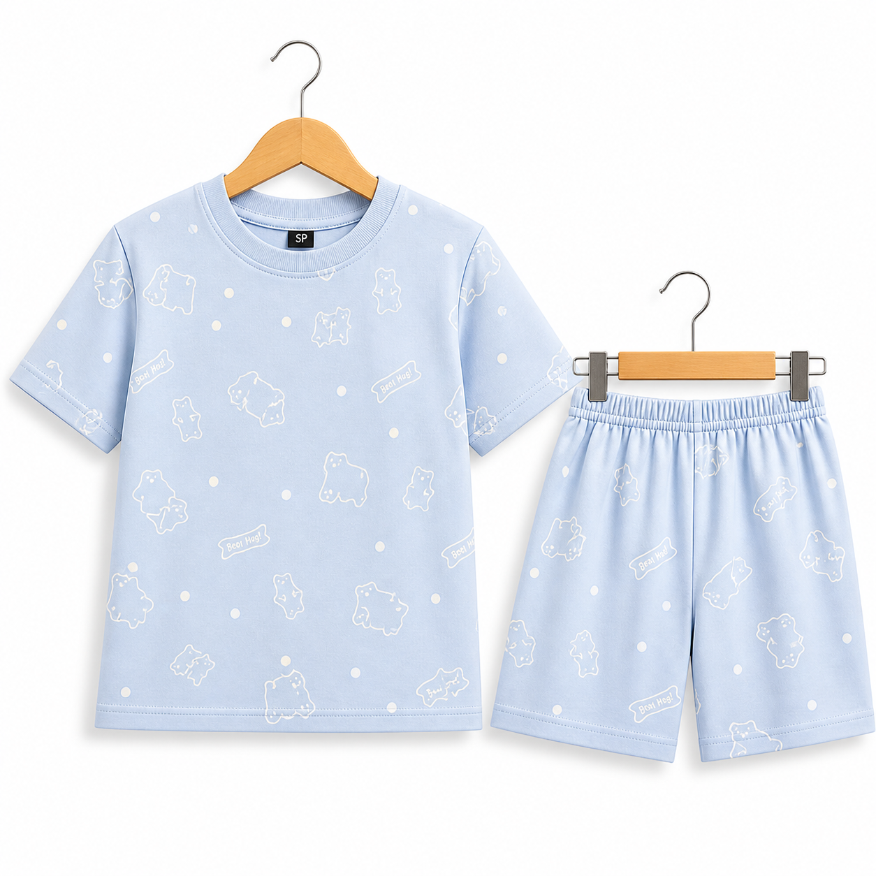 (DS013) - Drop-Shoulder Tshirt & Shorts sets (Light Blue "Good Luck")