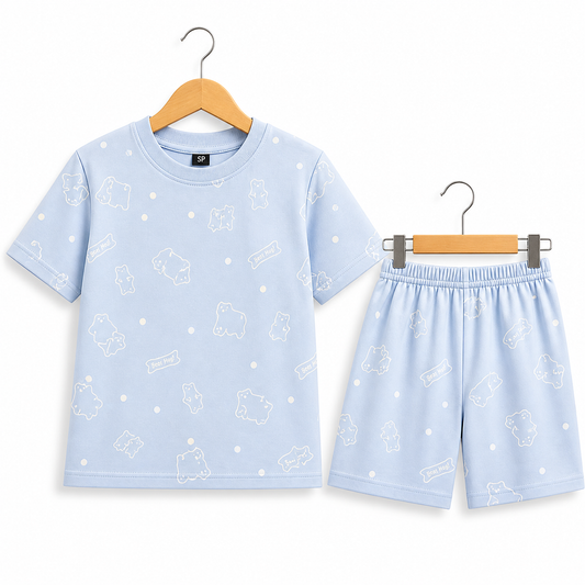 (DS013) - Drop-Shoulder Tshirt & Shorts sets (Light Blue "Good Luck")