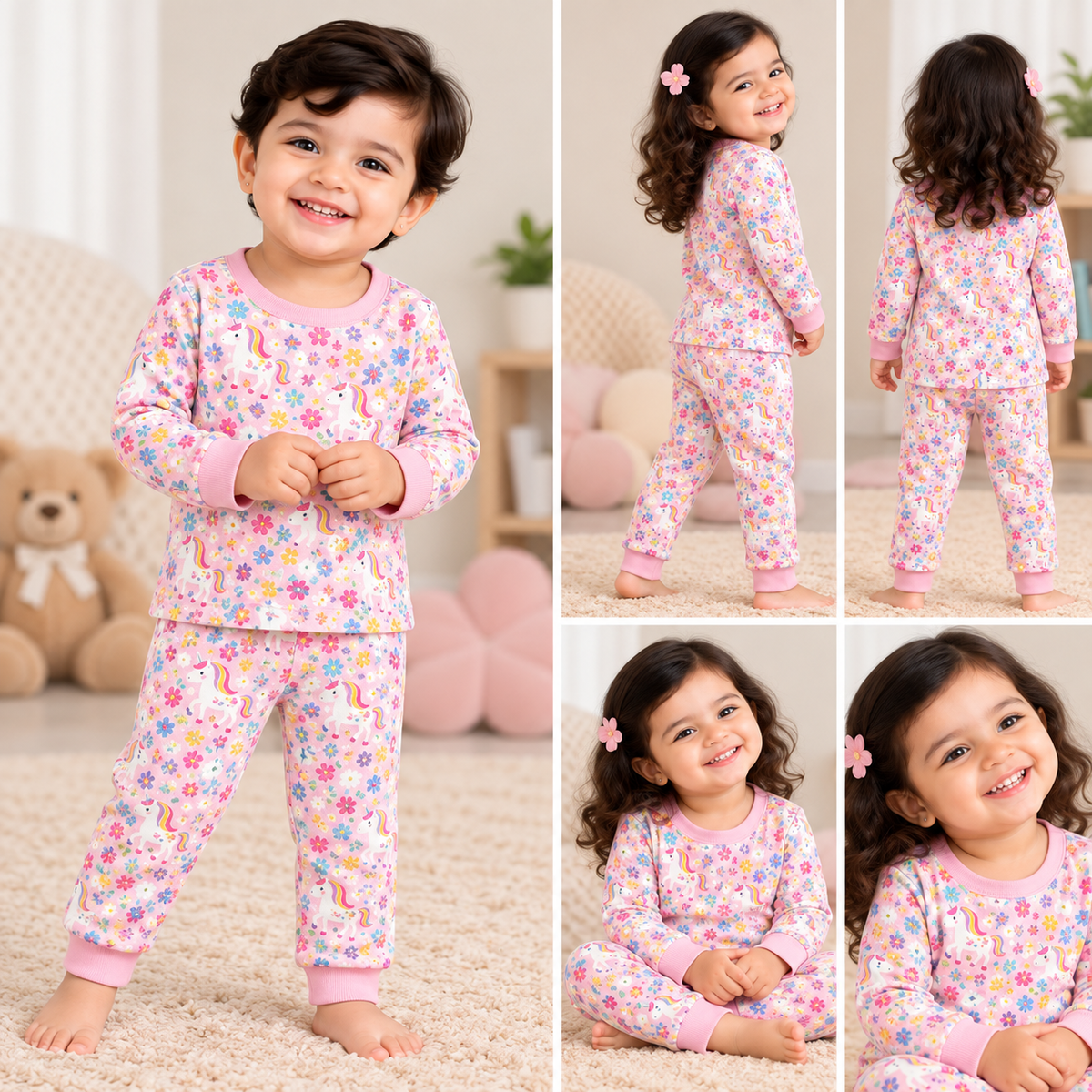 Premium Soft Cotton Full sleeves Tshirt with Pant (Pink Floral Unicorn)