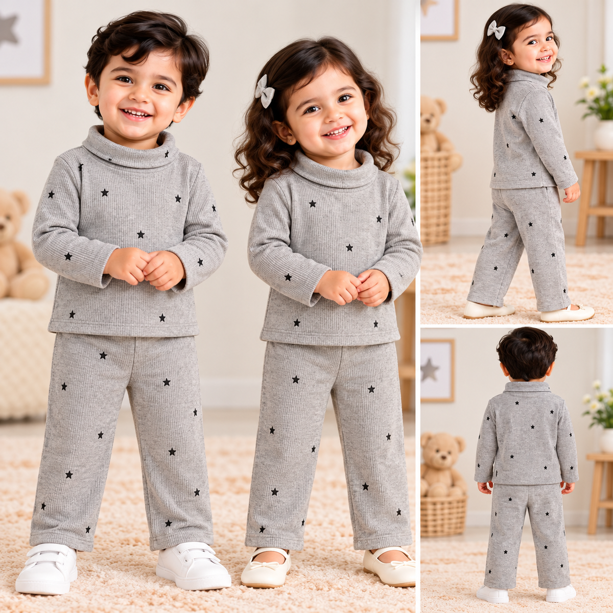 High Neck Ribbed  Full sleeves Tshirt with Pant (Grey Black Star)