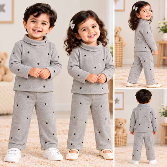 High Neck Ribbed  Full sleeves Tshirt with Pant (Grey Black Star)