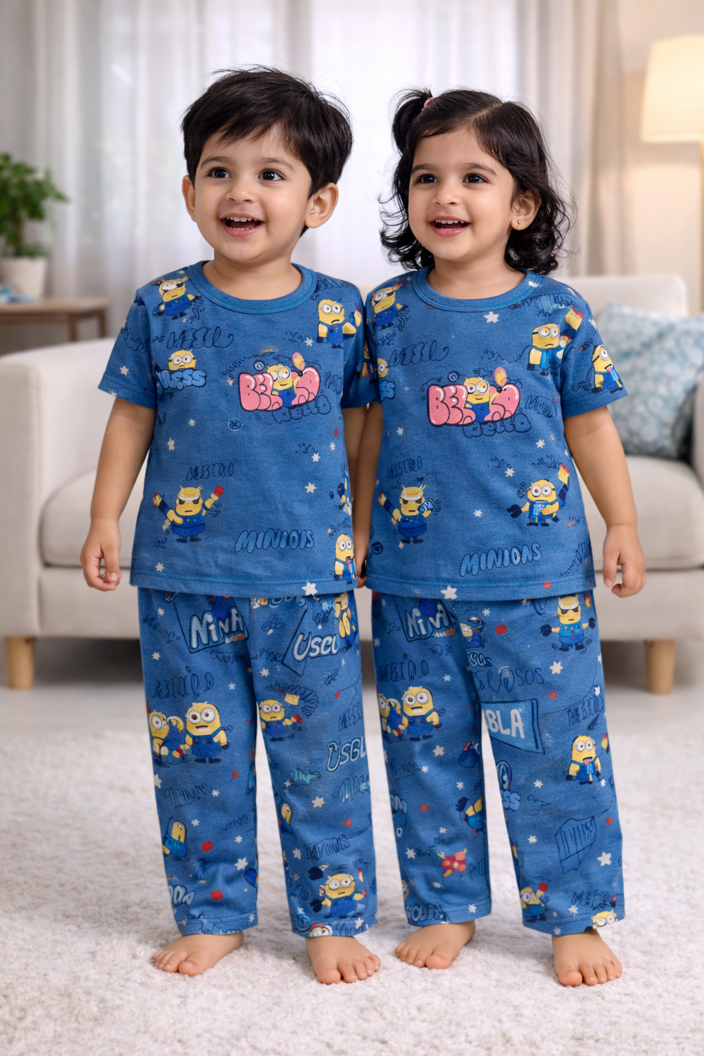(CP010) - Premium Cotton Half sleeves Tshirt with Pant (Blue Minion)