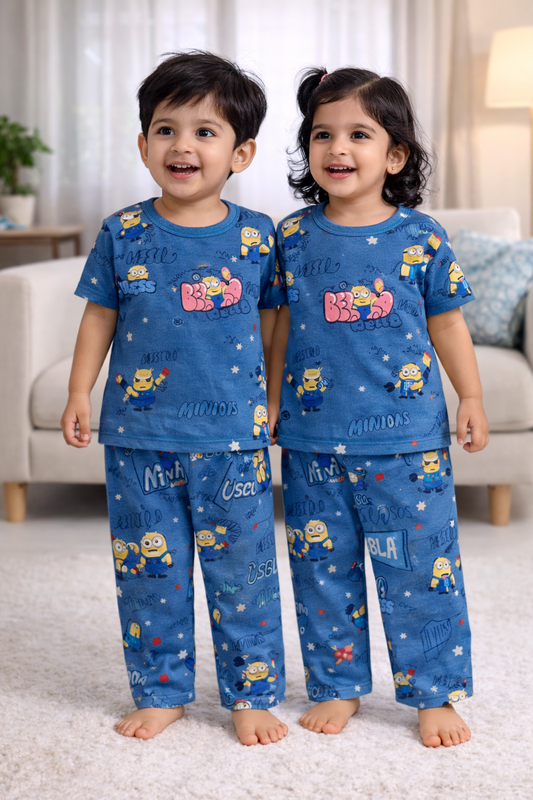 (CP010) - Premium Cotton Half sleeves Tshirt with Pant (Blue Minion)