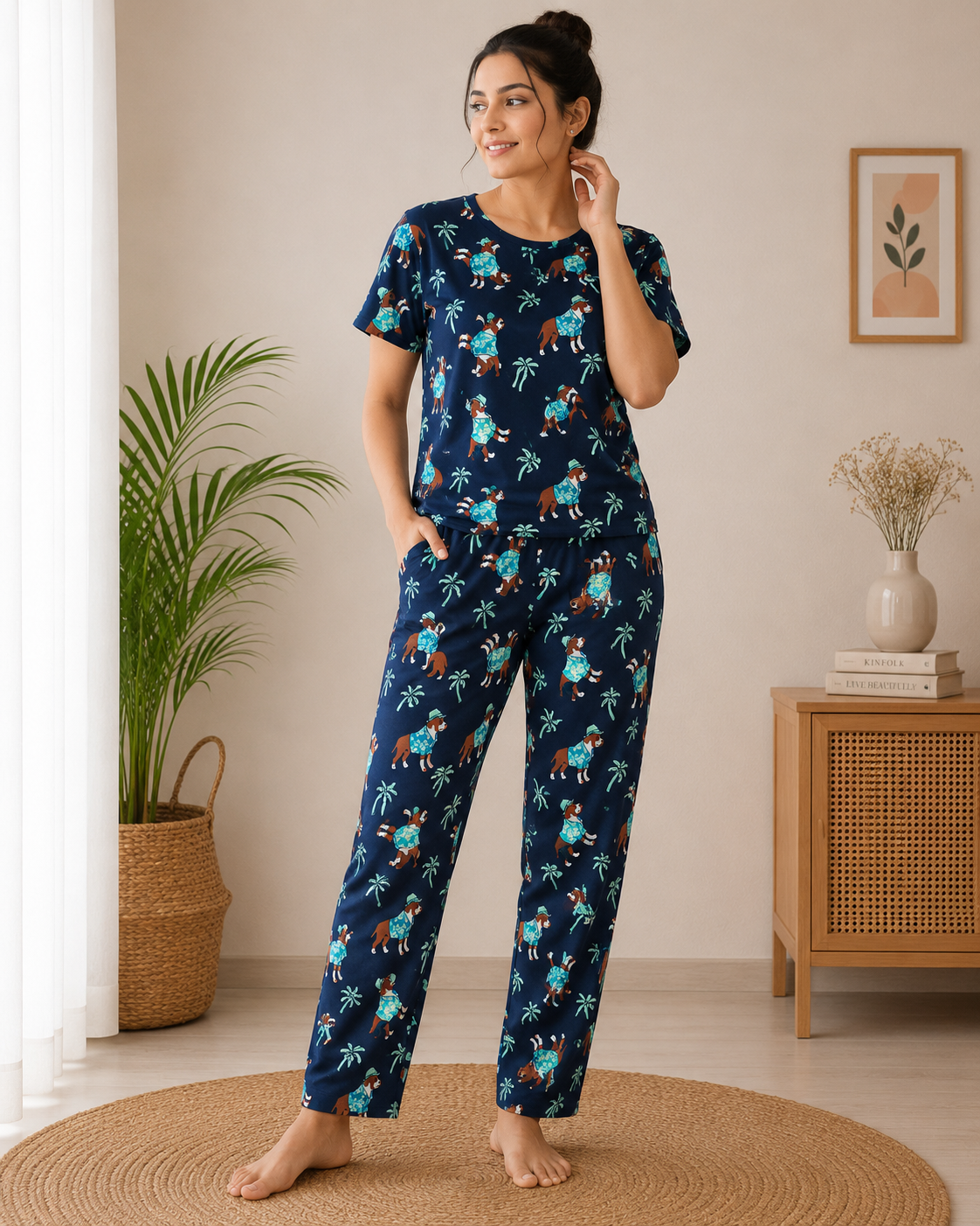 Women's Premium Cotton T-Shirt & Pant Co-Ord Set Lounge Wear With Pocket (Brown Puppy Trees)) ) (Copy) (Copy)