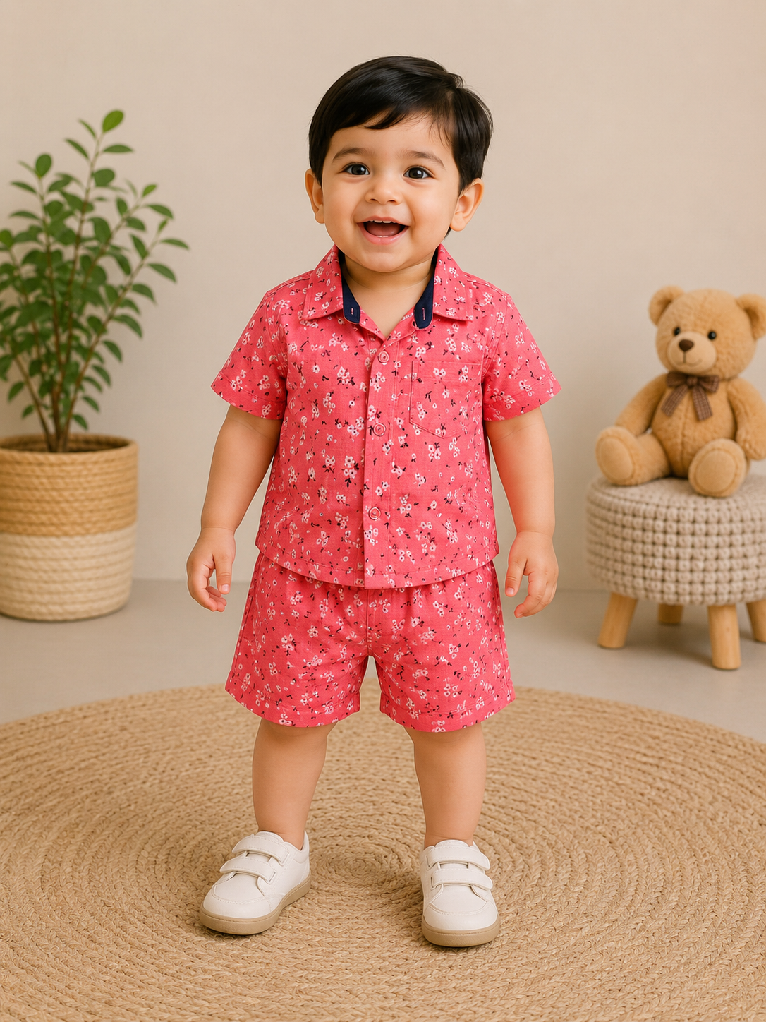(M007) - Airport - Kids Co-ord Set – Front Open Collar Shirt & Shorts (Red Floral)
