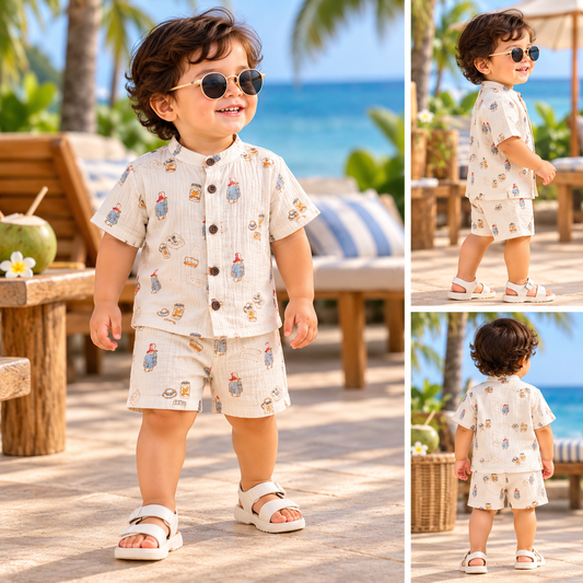 Airport Kids Cotton Muslin Shirt & Shorts Set (White Cup)