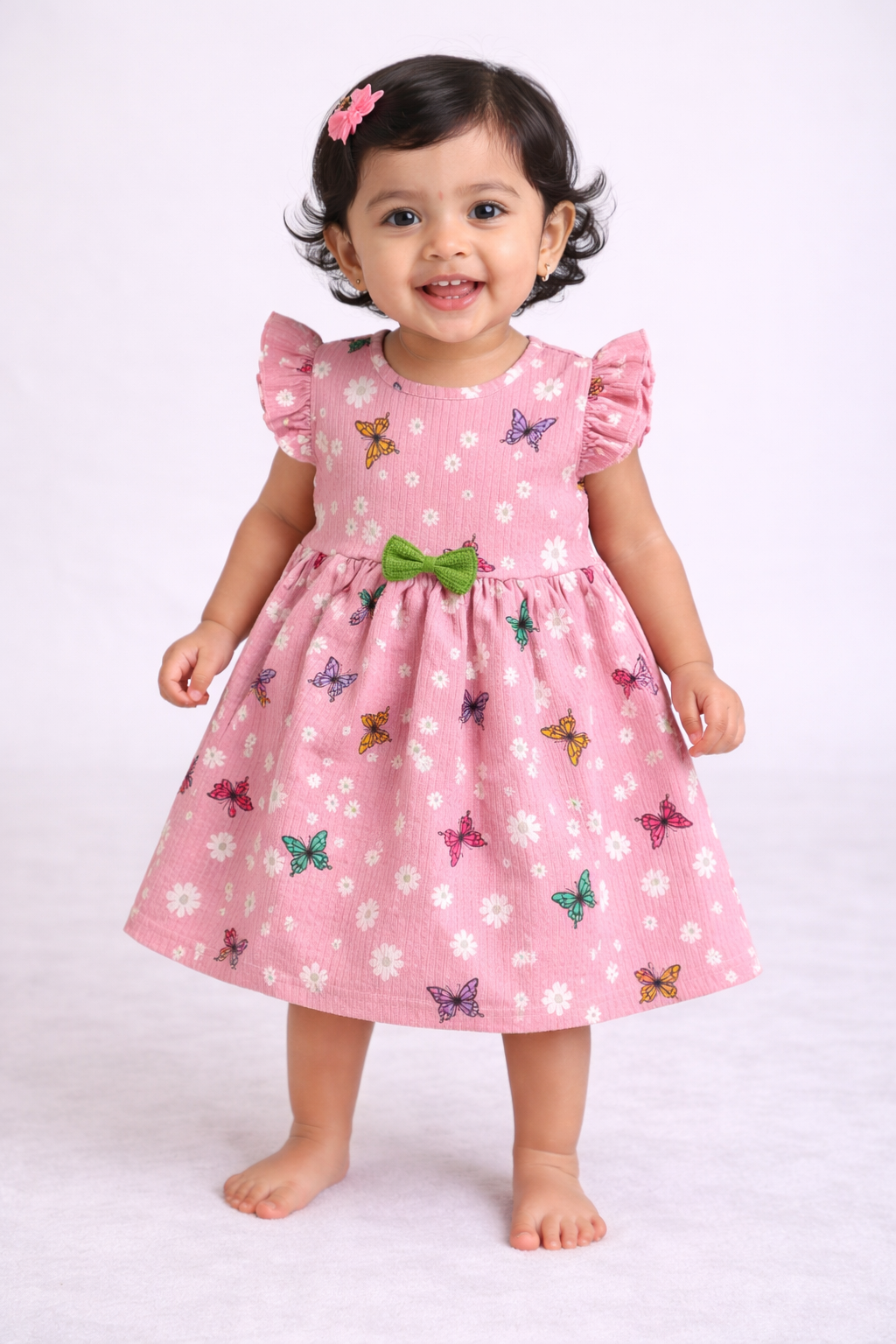 Half Sleeves Frill Frocks with BOW (Pink Butterfly)