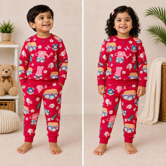 Premium Winter Full Sleeves T-Shirt with Pant (Red Bird & Flower)