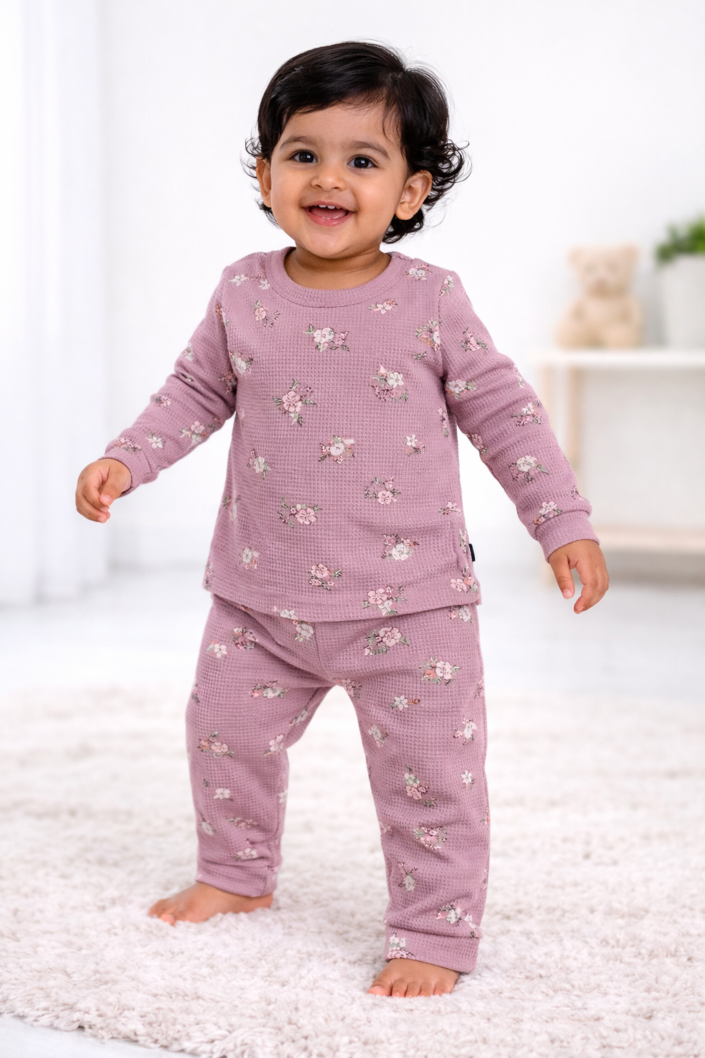 Premium Full sleeves Ribbed Tshirt with Pant (Purple Flower)