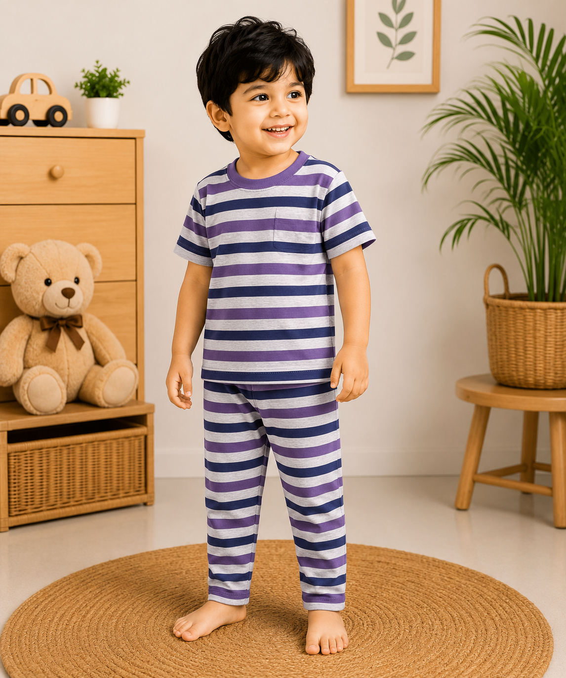 Soft Cotton Half sleeves Tshirt with Pant(Royal Black Stripes )