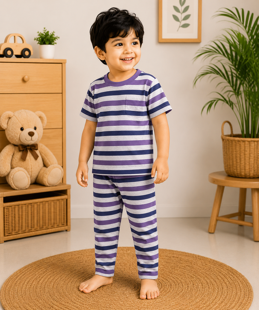 Soft Cotton Half sleeves Tshirt with Pant(Royal Black Stripes )