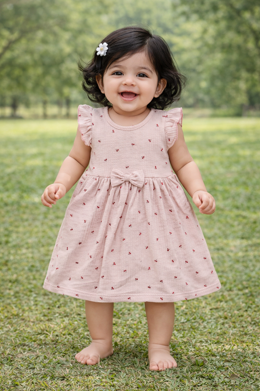 Half Sleeves Frill Frocks with BOW (Lite Pink Small Cherry)