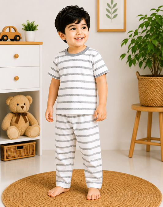 Soft Cotton Half sleeves Tshirt with Pant( Grey White Stripes)