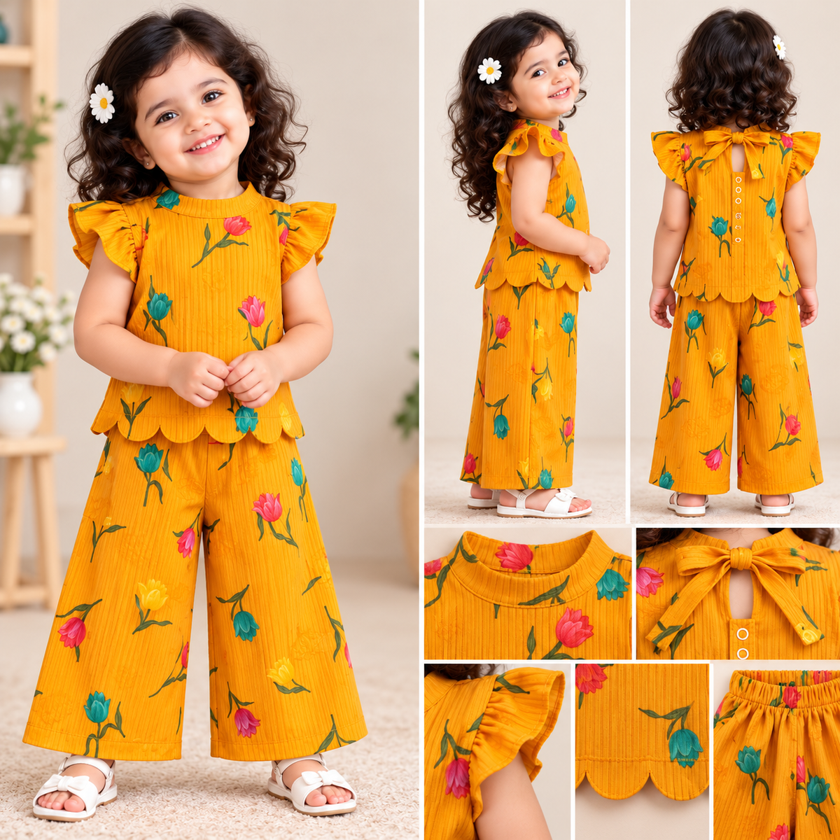 Girls Casual Cotton Printed High Collar & Scallop Top & Pant Co-ord Set (C069) (Gold Tulip)