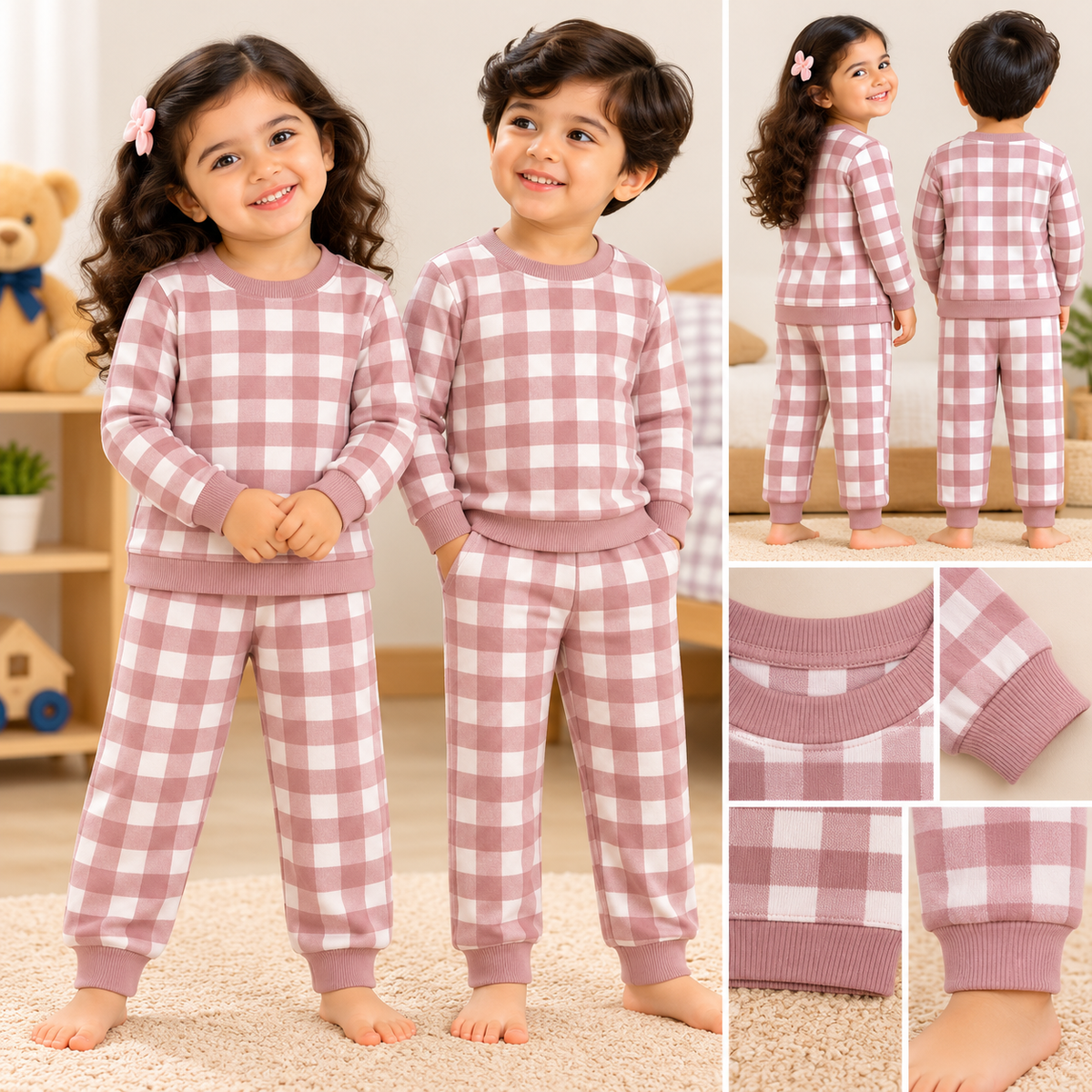 Premium Winter Full Sleeves T-Shirt with Pant (Purple Checks)