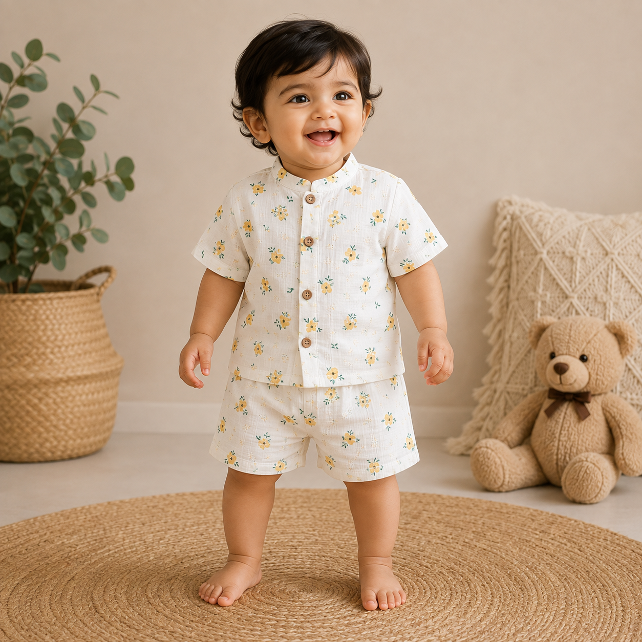 Airport - Kids Muslin Co-ord Set – Front Open Collar Shirt & Shorts (White Yellow Flower)
