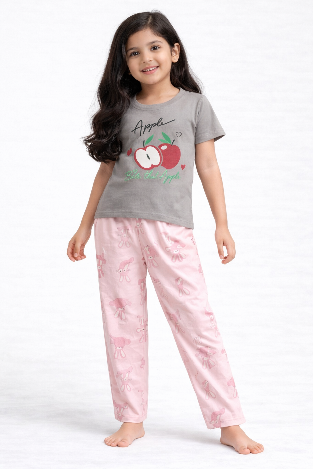 Premium Cotton Contrast Half Sleeves Pajama Set (Grey Apple-Pink Rabbit)