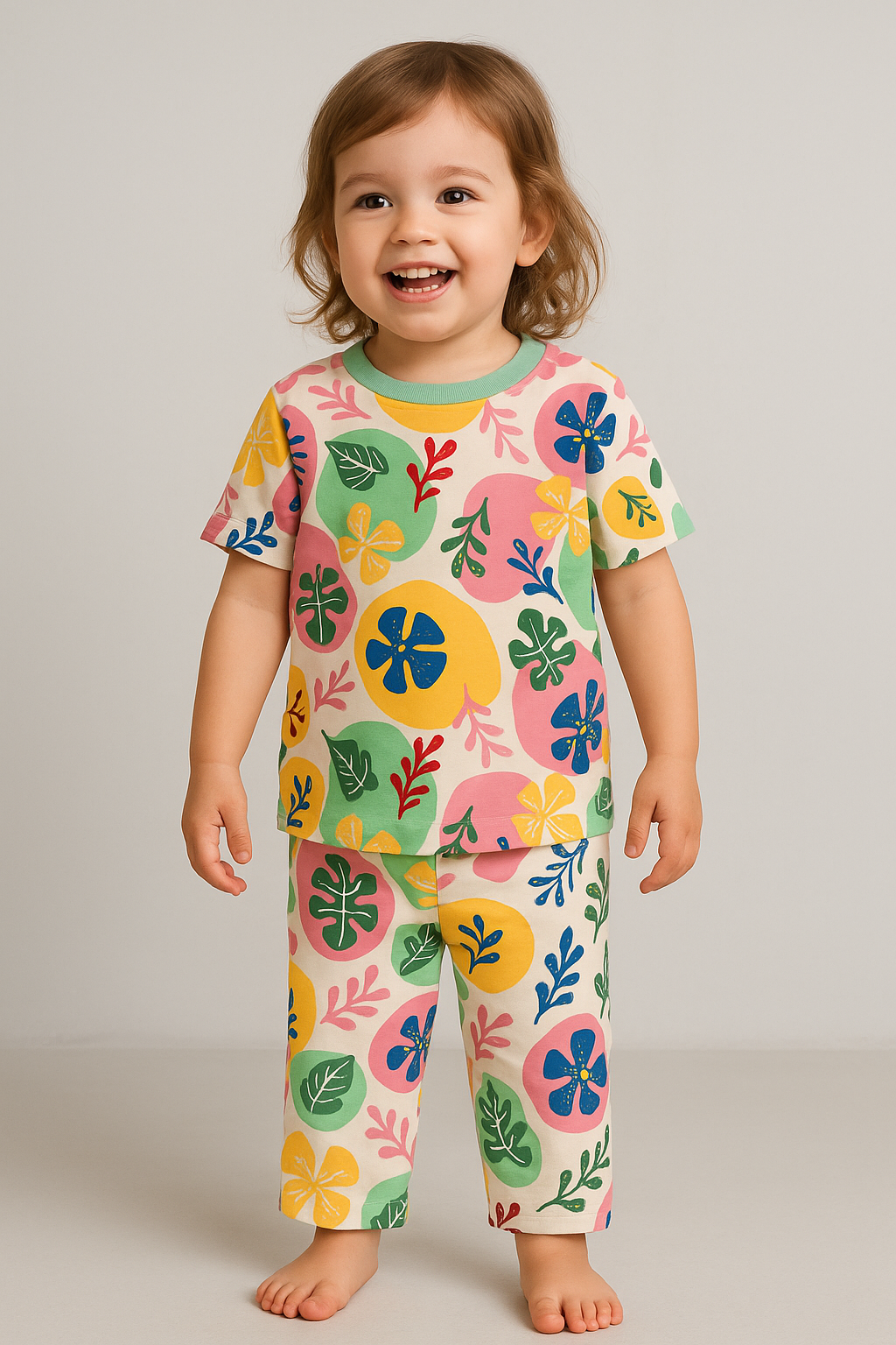 Premium Shorts sleeves Tshirt with Pant (MultiColor Leaves)(4-7 Yrs)