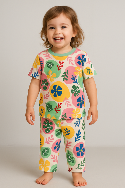 Premium Shorts sleeves Tshirt with Pant (MultiColor Leaves)(4-7 Yrs)