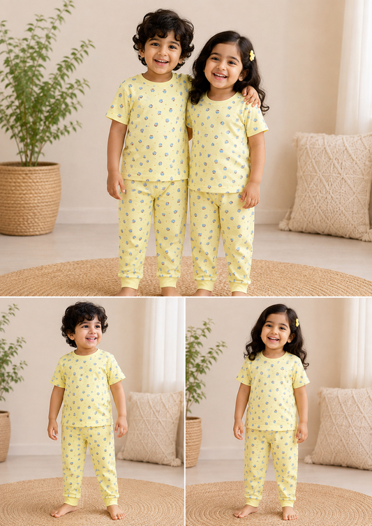 Premium Single Ribbed  Half sleeves Tshirt with Pant (Yellow Owl)