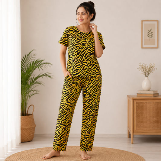 Women's Premium Cotton T-Shirt & Pant Co-Ord Set Lounge Wear With Pocket ( Yellow & Black)