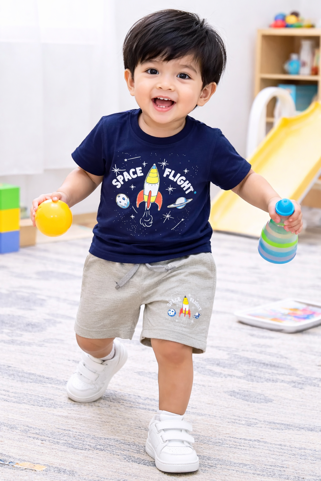 Airport - 🧸 Kids Cartoon Co-ord Set – Half Sleeves T-shirt + Shorts (Navy Space Flight)