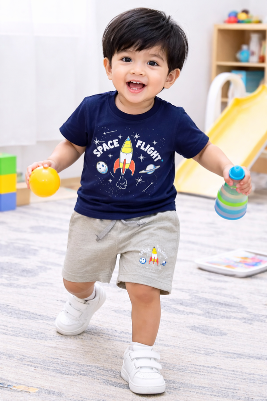 Airport - 🧸 Kids Cartoon Co-ord Set – Half Sleeves T-shirt + Shorts (Navy Space Flight)