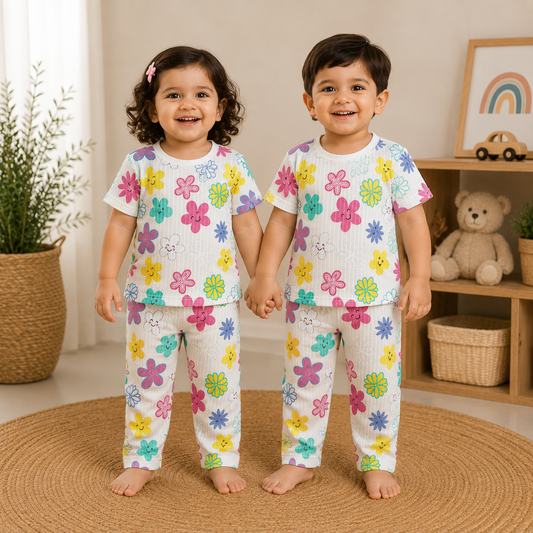 Premium Ribbed Cotton Half sleeves Tshirt with Pant (White Colorful Flower)