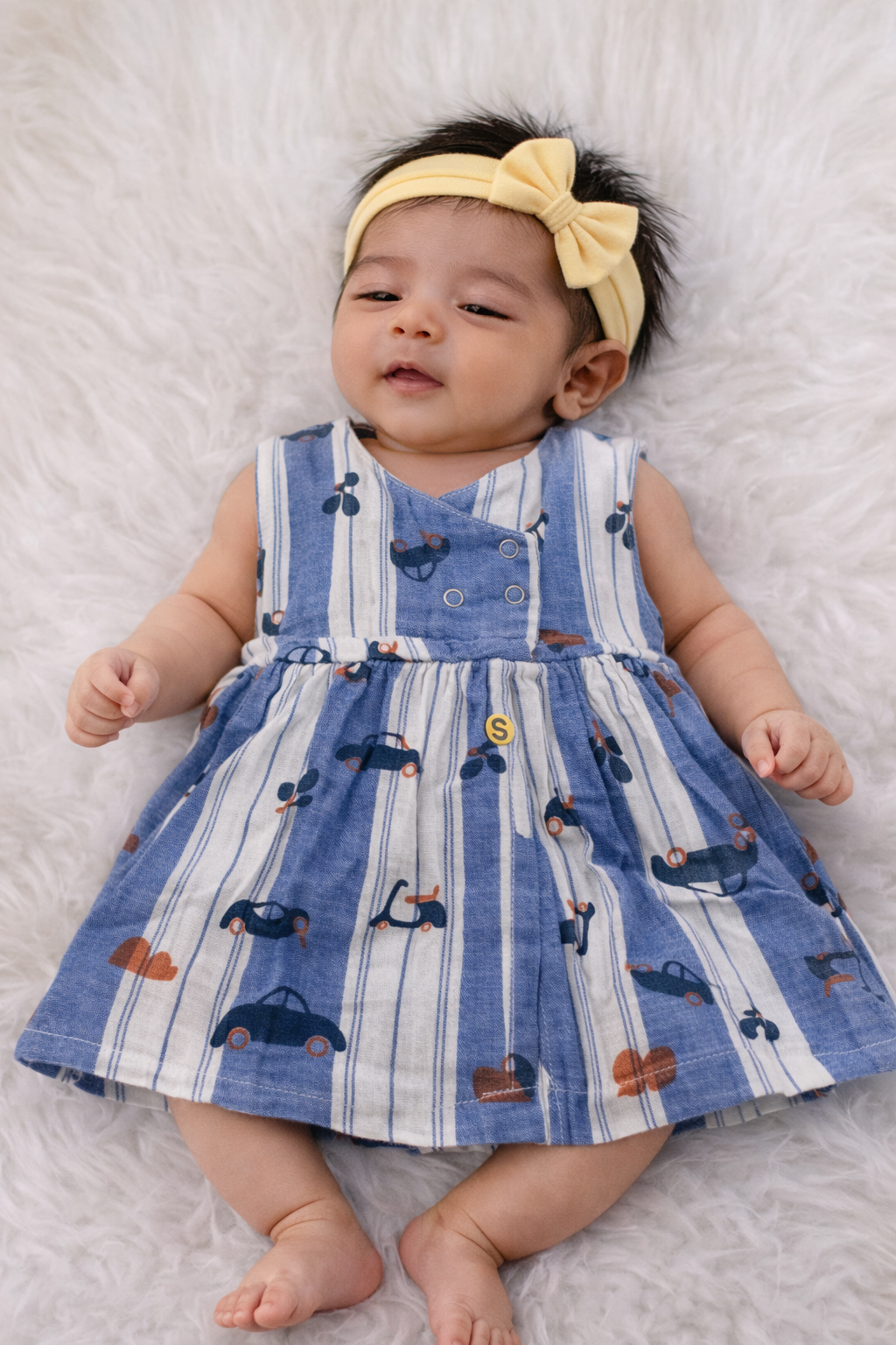 Infant Muslin  Frocks (White Blue Stripes Car)