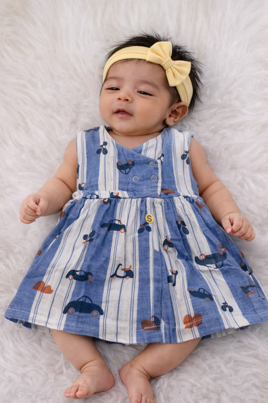 Infant Muslin  Frocks (White Blue Stripes Car)