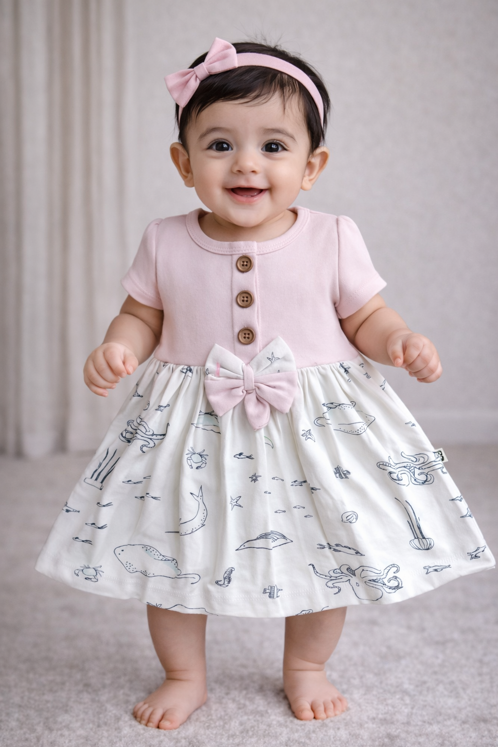 Cotton Front Button Bow Frocks(Light pink fish and crab)