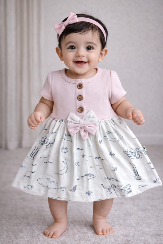 Cotton Front Button Bow Frocks(Light pink fish and crab)