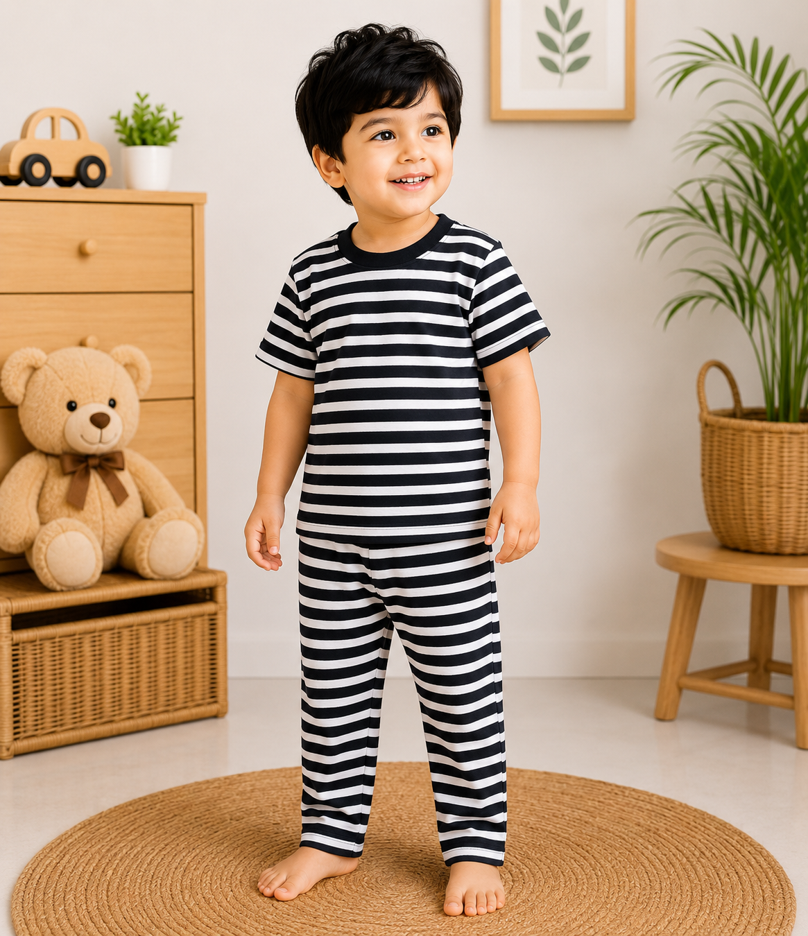 Soft Cotton Half sleeves Tshirt with Pant( White Black Stripes)