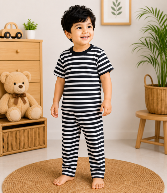 Soft Cotton Half sleeves Tshirt with Pant( White Black Stripes)