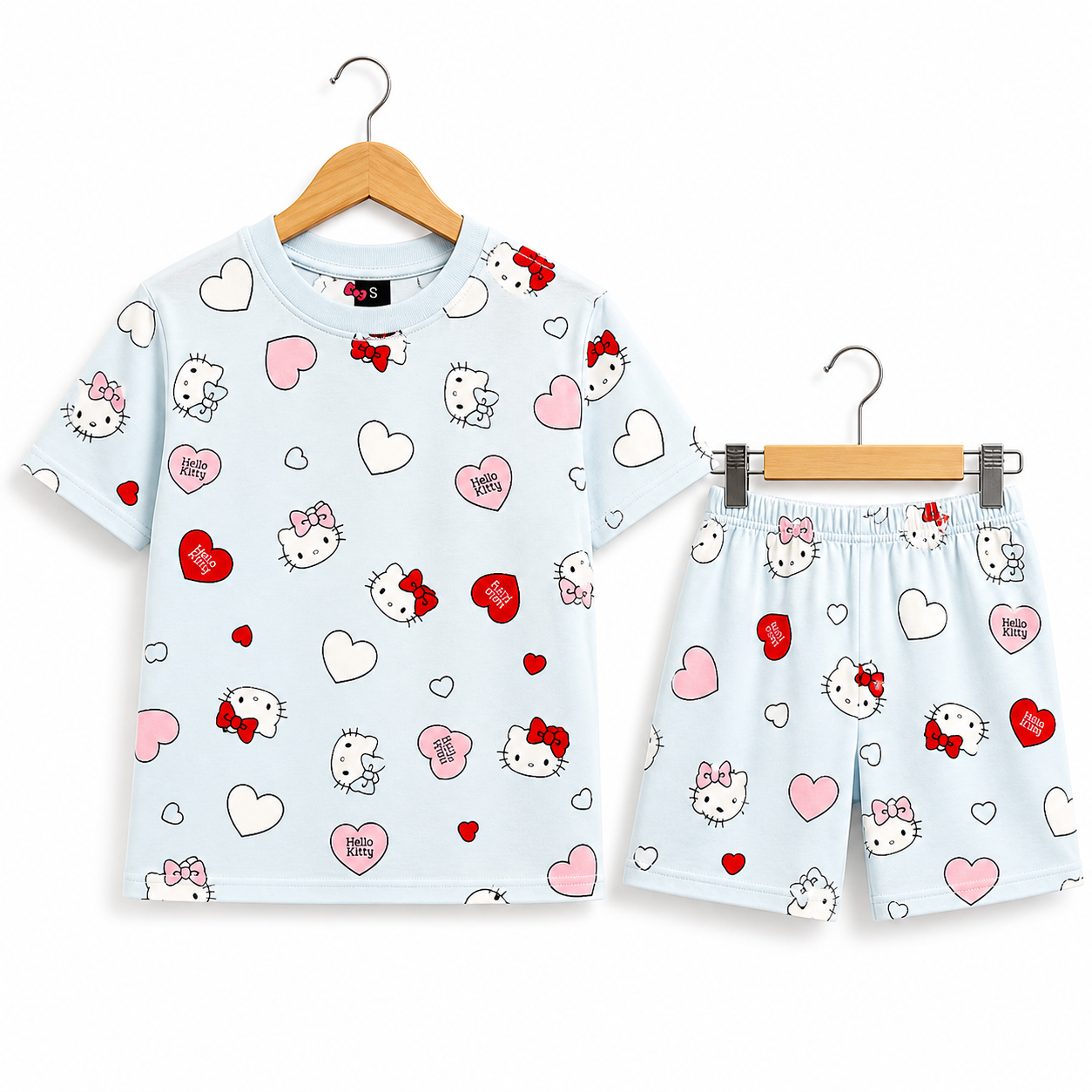 (DS004) - Drop-Shoulder Tshirt & Shorts sets (Blue White "kitty")