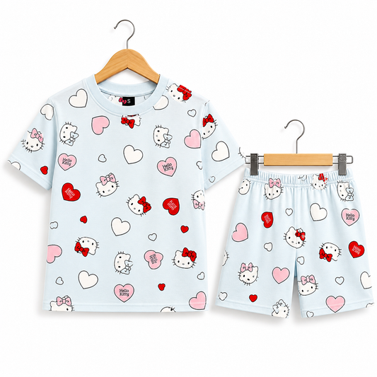 (DS004) - Drop-Shoulder Tshirt & Shorts sets (Blue White "kitty")