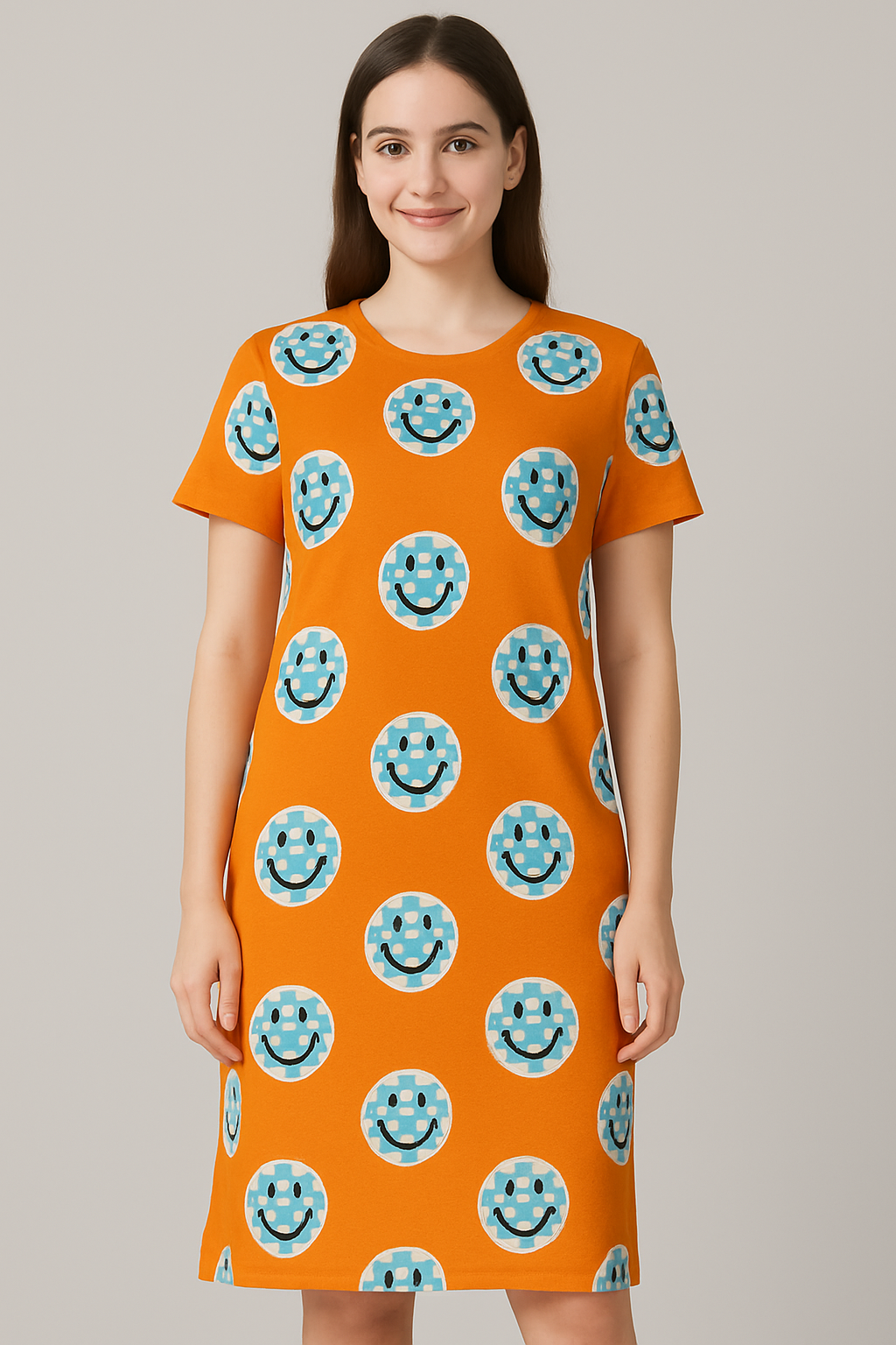 Women's Long POLO A-Line Top (Orange Smiley)