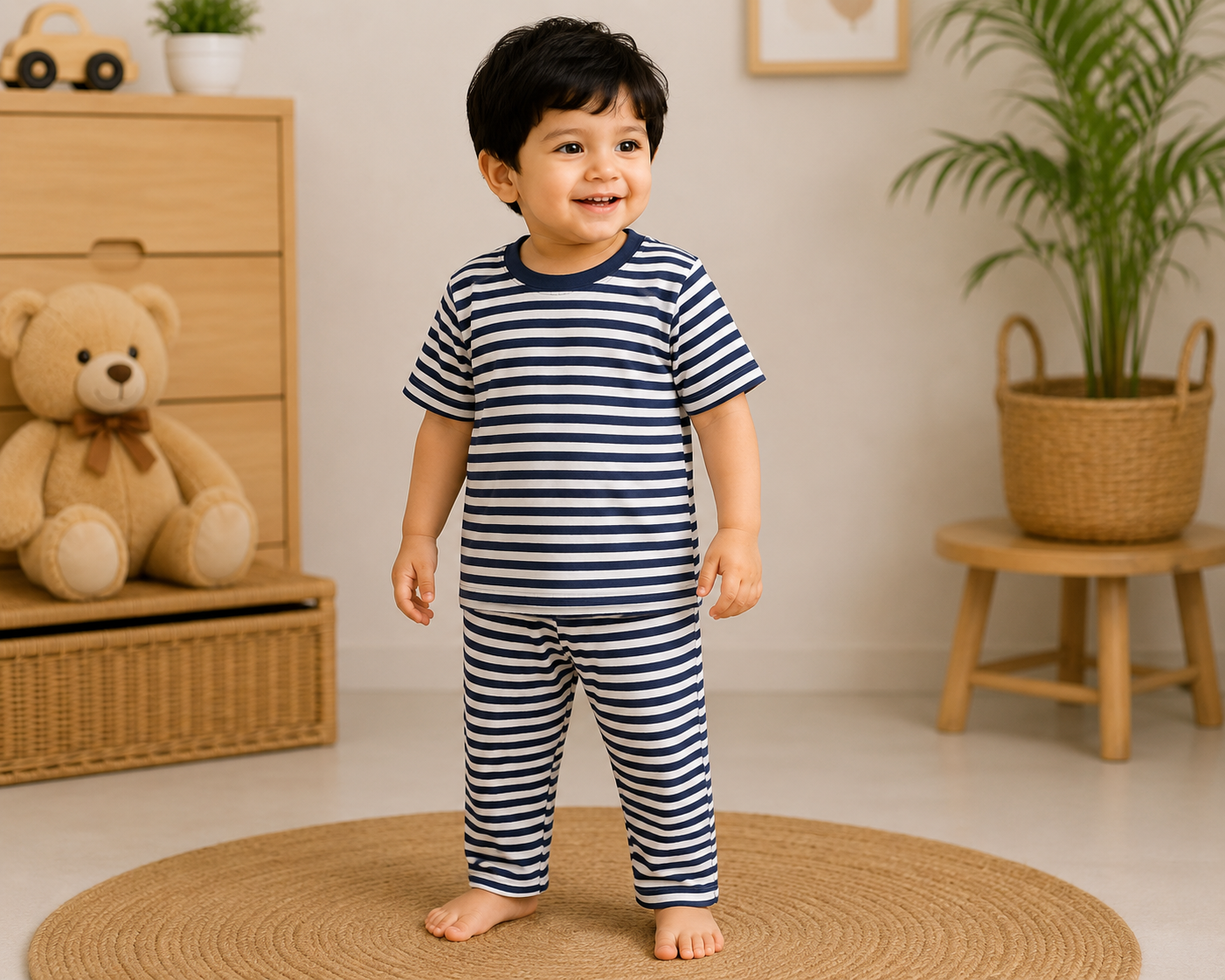 Soft Cotton Half sleeves Tshirt with Pant ( Navy White Stripes)