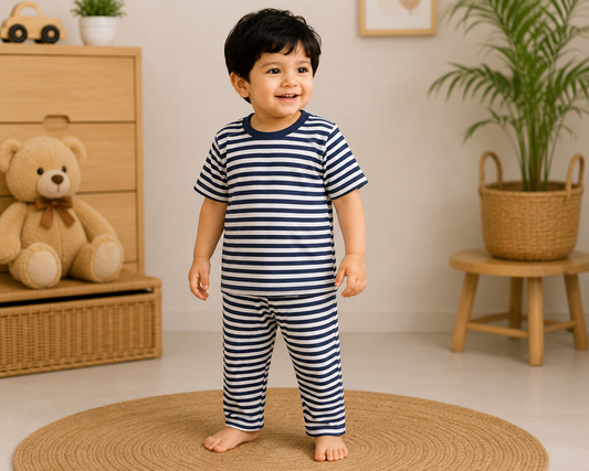 Soft Cotton Half sleeves Tshirt with Pant ( Navy White Stripes)
