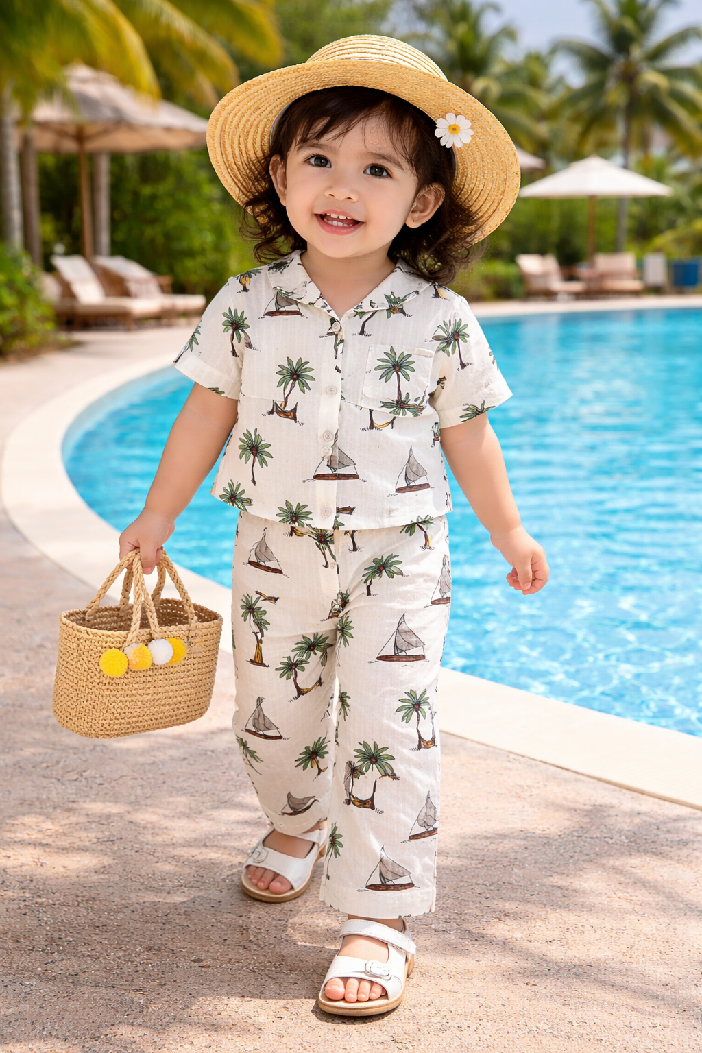 Collar front open T-shirt  & Palazzo Pant set (Cream Cocount Trees)
