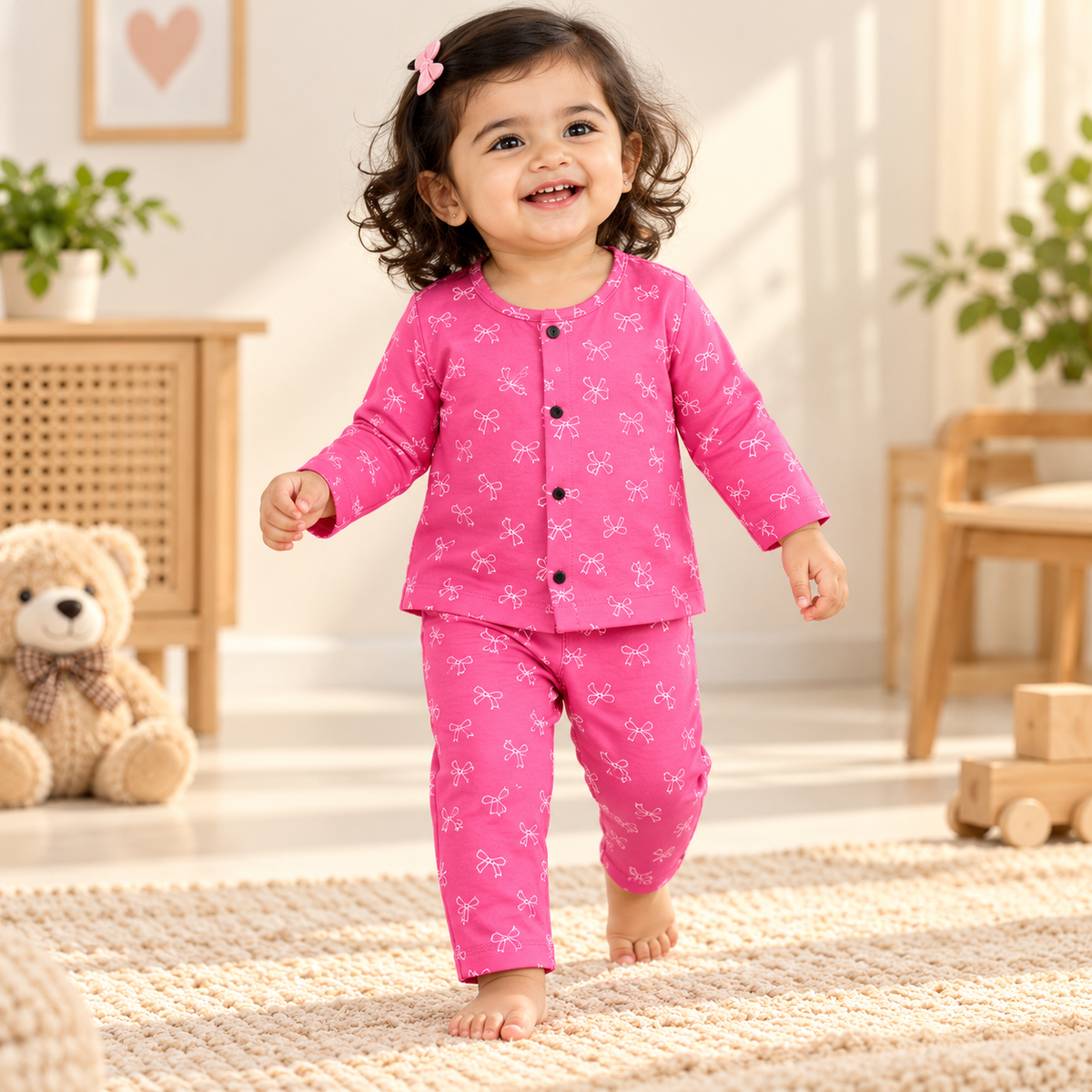 Kid's Front Open Lounge Wear Sets (Pinky Pinky) (F001)