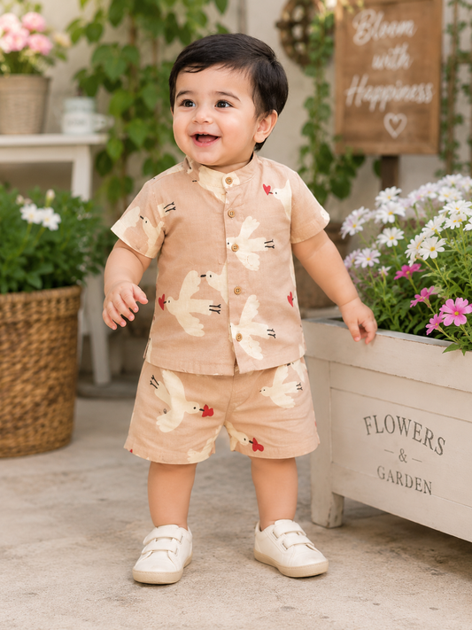 Airport - Kids Muslin Co-ord Set – Front Open Collar Shirt & Shorts ( Yellow Rooster)