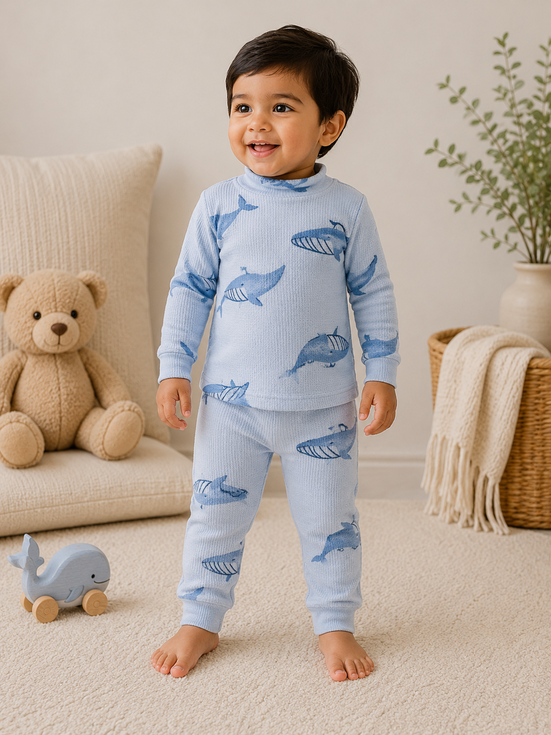High Neck Ribbed  Full sleeves Tshirt with Pant (Grey Big Fish)