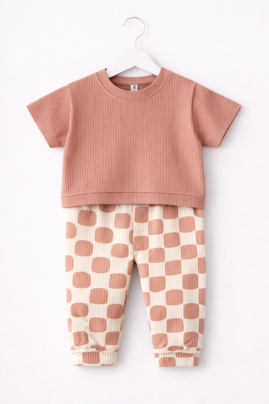 Premium Ribbed Half sleeves Tshirt with Contrast Pant( Brown Checks)