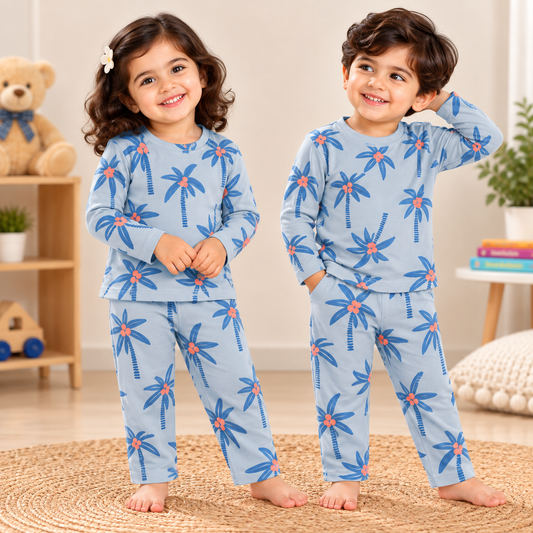 Premium Winter Full Sleeves T-Shirt with Pant (Blue Big Tress)