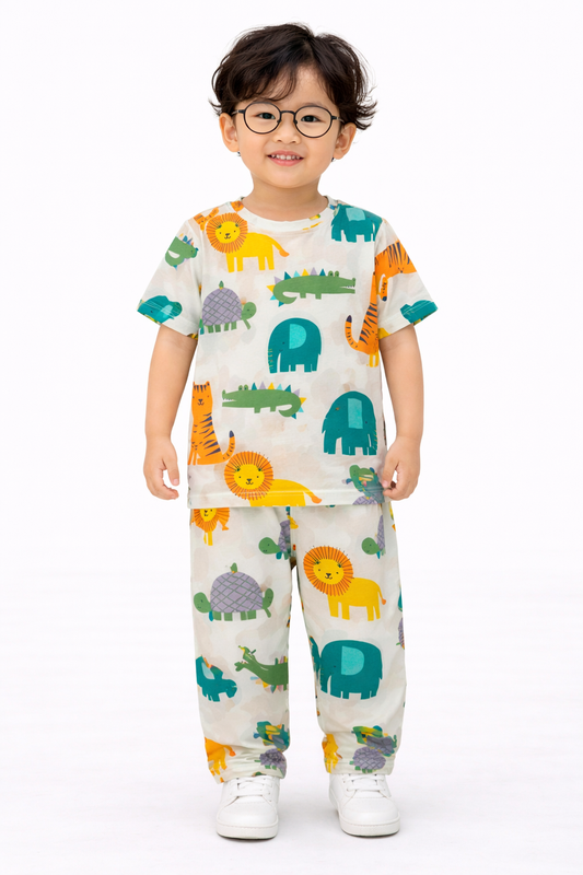 Premium Cotton Half sleeves Tshirt with Pant (Colorful Big Motif Animals)