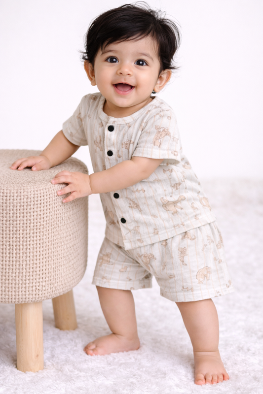 Airport - Crinkled  Front open Tshirt with Shorts Sets (Brown Stripes and Animals)