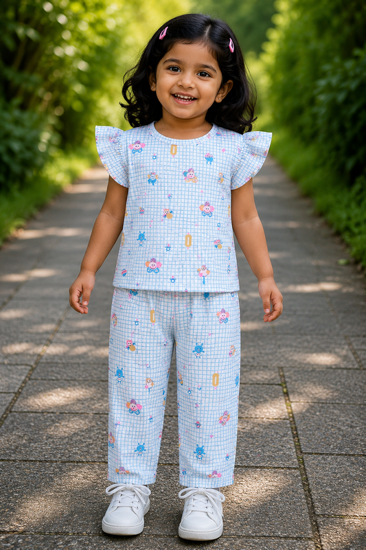 Girls Frill Top & Pant set (Blue Checks Smile)