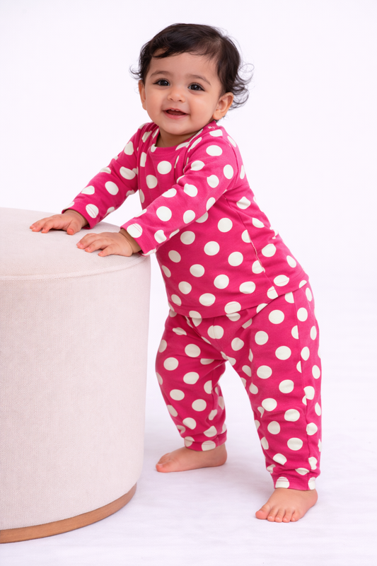 Premium Full sleeves Tshirt with Pant (Pink Polka Dot)
